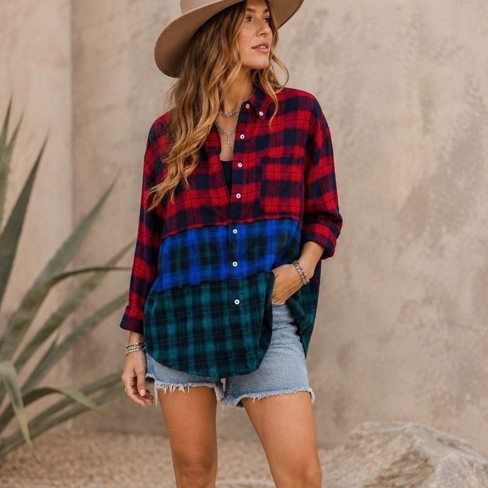 SUGARFOX Patchwork Plaid Flannel Button Up Shirt L Cabincore Festival Coastal